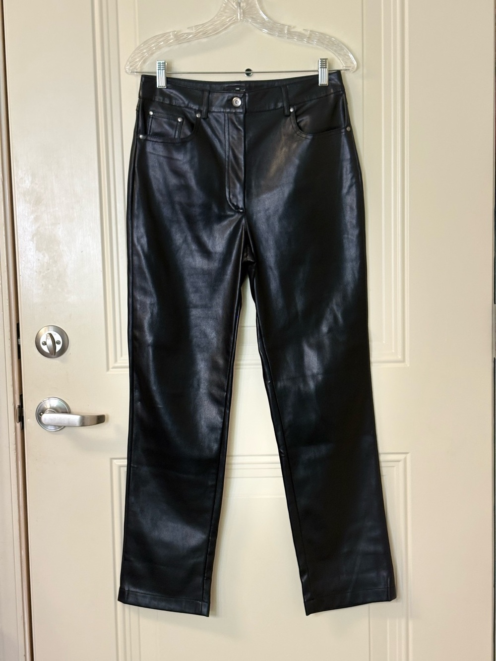 7 FOR ALL MANKIND Black Faux Leather Hi-Rise Straight-Leg Pants SZ S EUC